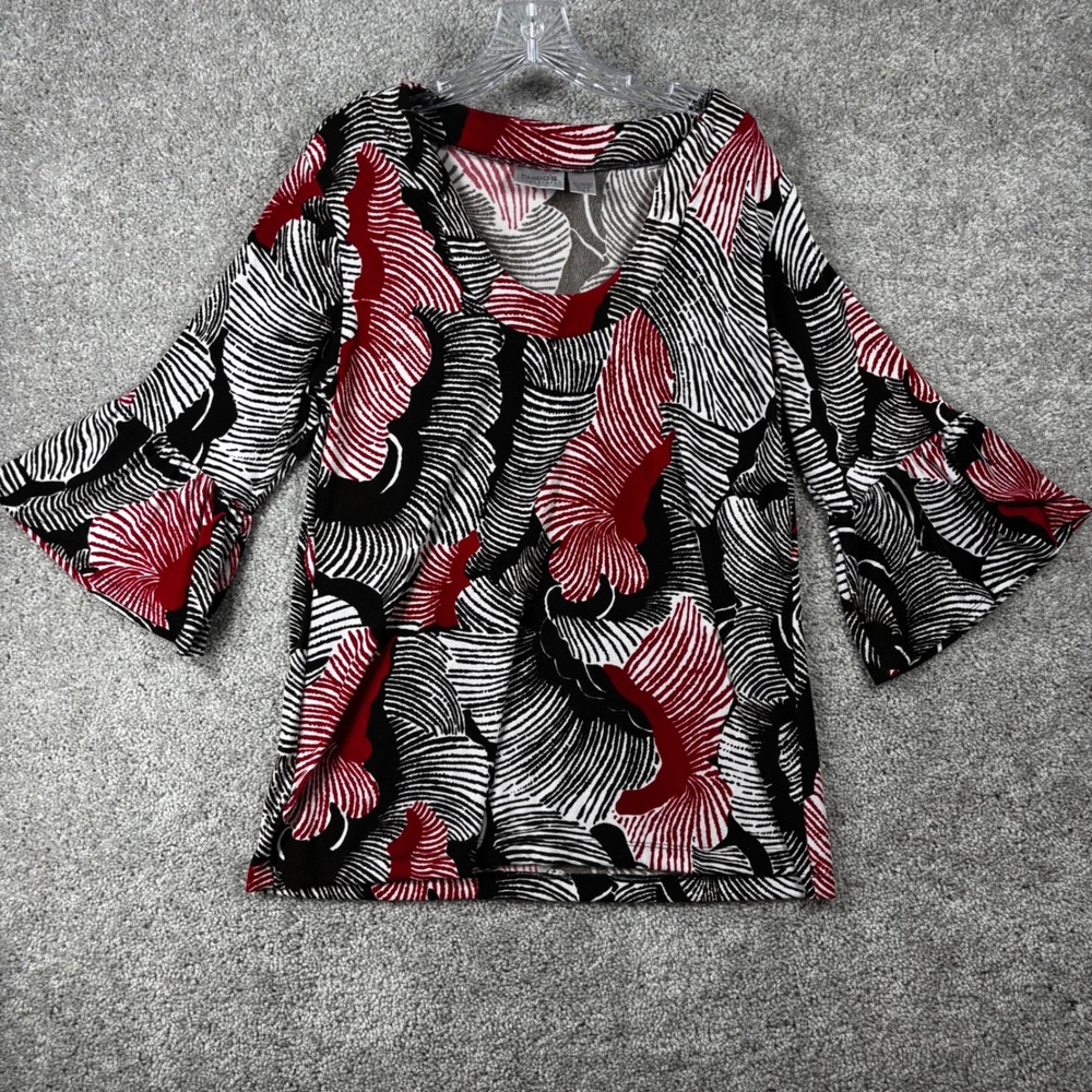 Chicos Women 1 Medium Red Black White Abstract Zebra Print Bell Sleeve V-Neck